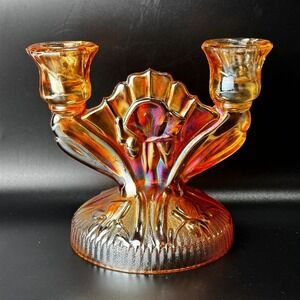 Vintage Marigold Carnival Glass Double Candle Holder Jeanette Iris Floral MCM
